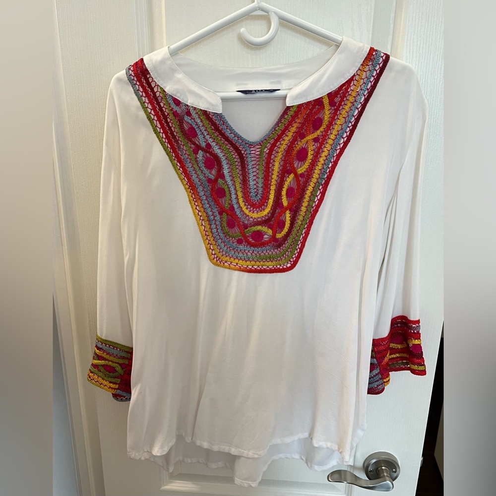 Women’s crochet accent blouse. Size XL. Unique design one of a kind. Gorgeous!